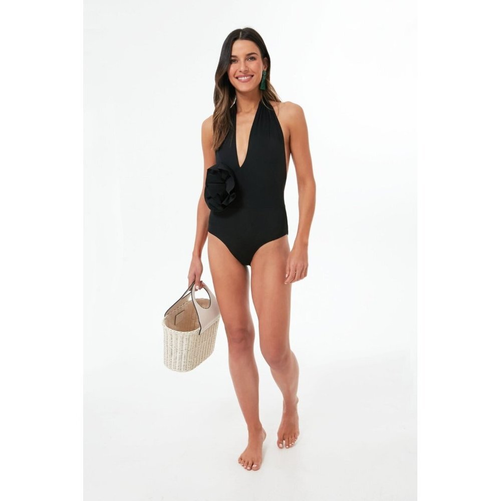 Maygel Coronel Black Cefeida One-Piece Swim Suit Flower Halter V-Neck sz XL/XXL